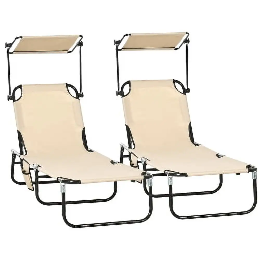 JHOOTUUO Folding Chaise Lounge Pool Chairs Outdoor Sun Tanning Chairs with Canopy Shade Reclining Back Steel Frame and Side Pocket for Beach Yard Patio Tan